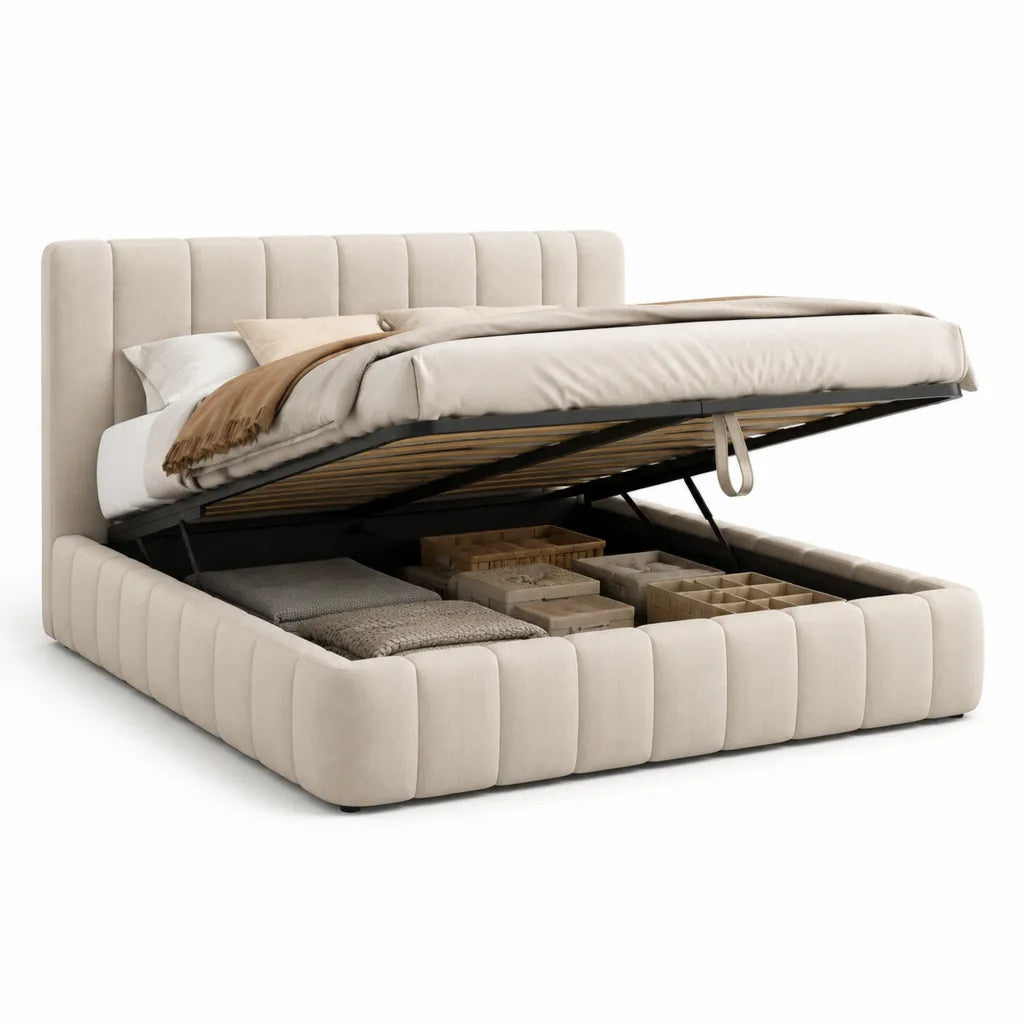 Polsterbett mit Stauraum und Gasdruckfeder 180 x 200 cm Polyester Creme