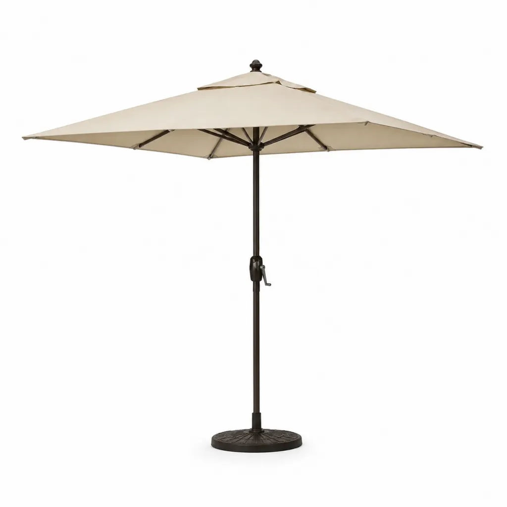 Sonnenschirm mit Kurbel 300 cm Polyester rund Beige mit schwarzem Stahlmast und Standfuß