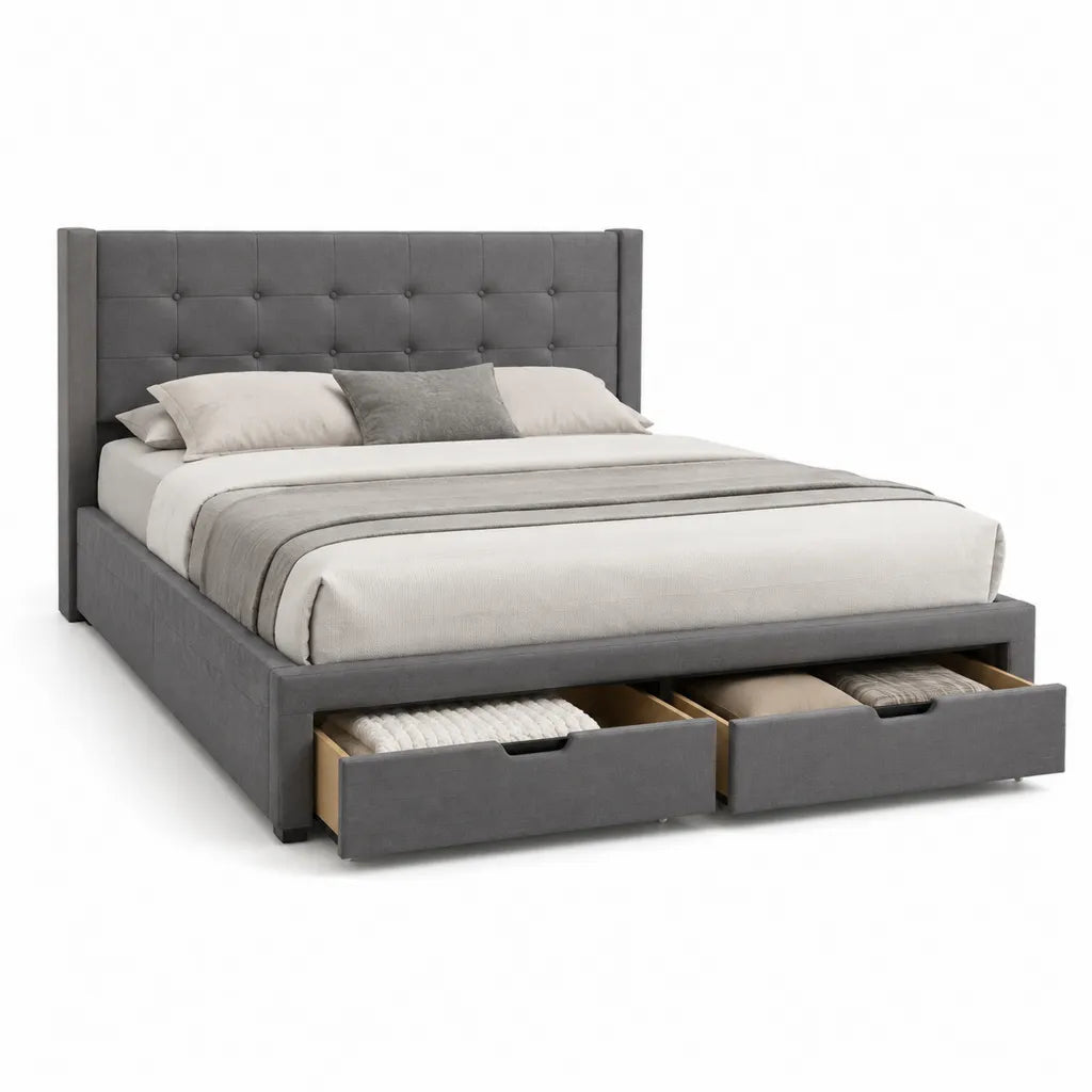 Stauraumbett Doppelbett 160 x 200 cm mit 2 Schubladen Polyesterbezug MDF rechteckig dunkelgrau
